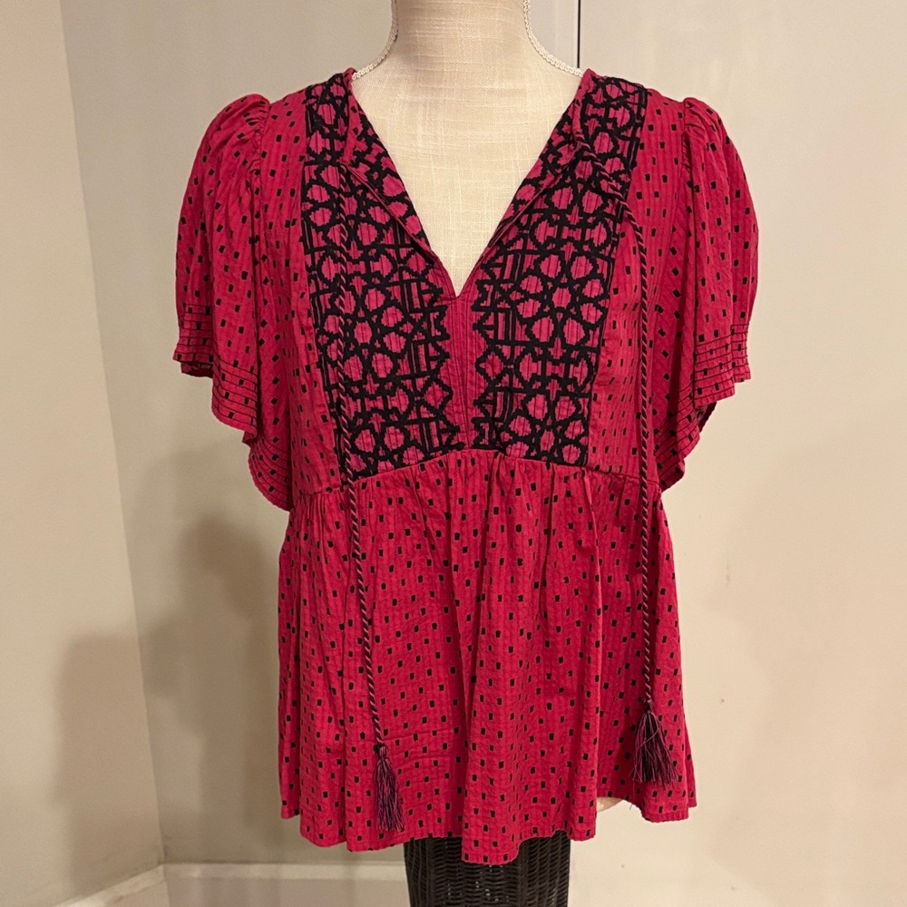 Knox Rose Boho Embroidered Puff Sleeve Peasant Top - Raspberry Pink/Magenta